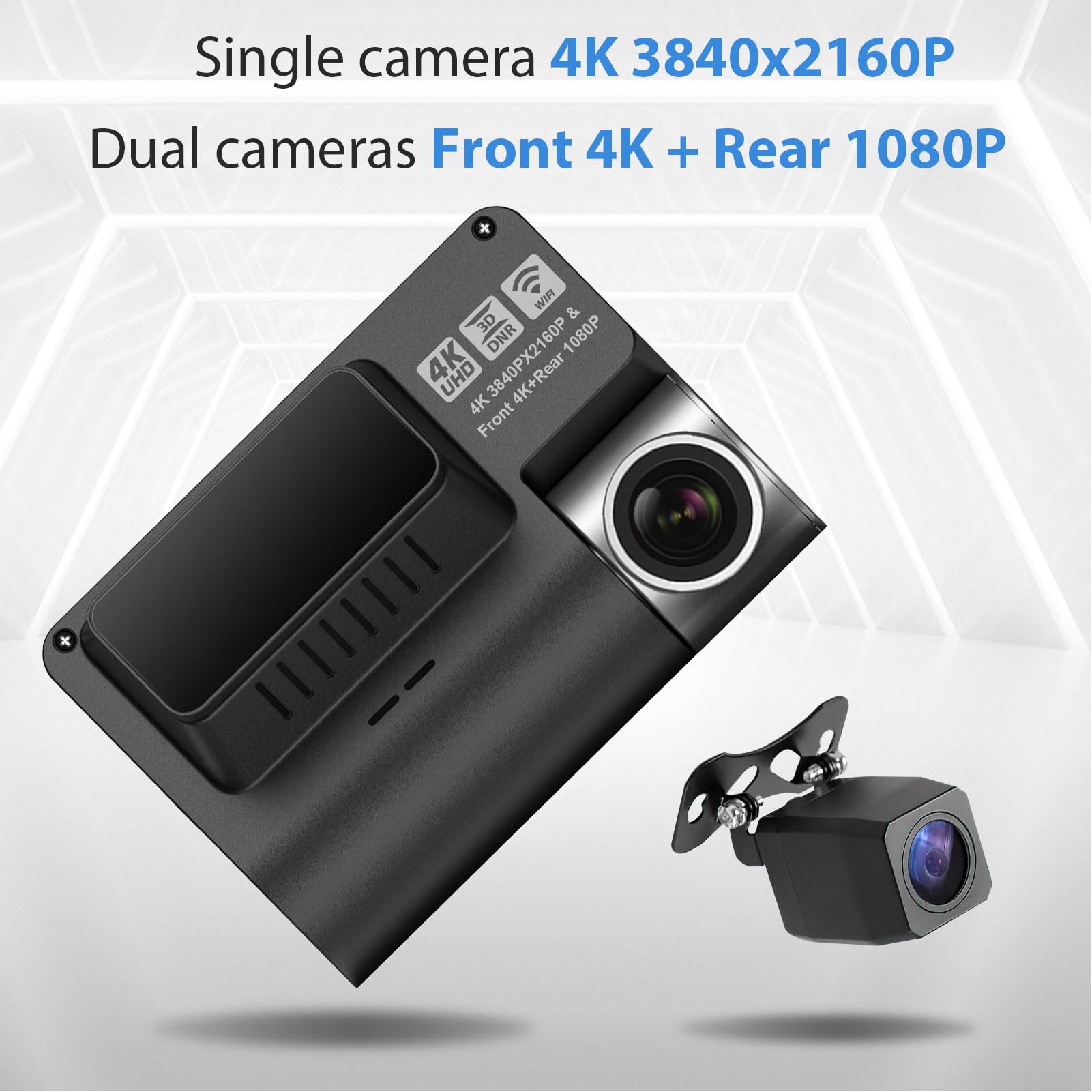 Dash Cam, Telecamera per Auto Anteriore e Posteriore 4K con Fotocamera Posteriore Ribaltabile 1080P, WiFi 5GHz Integrato, Schermo da 2,0 Pollici, Registrazione in Loop,