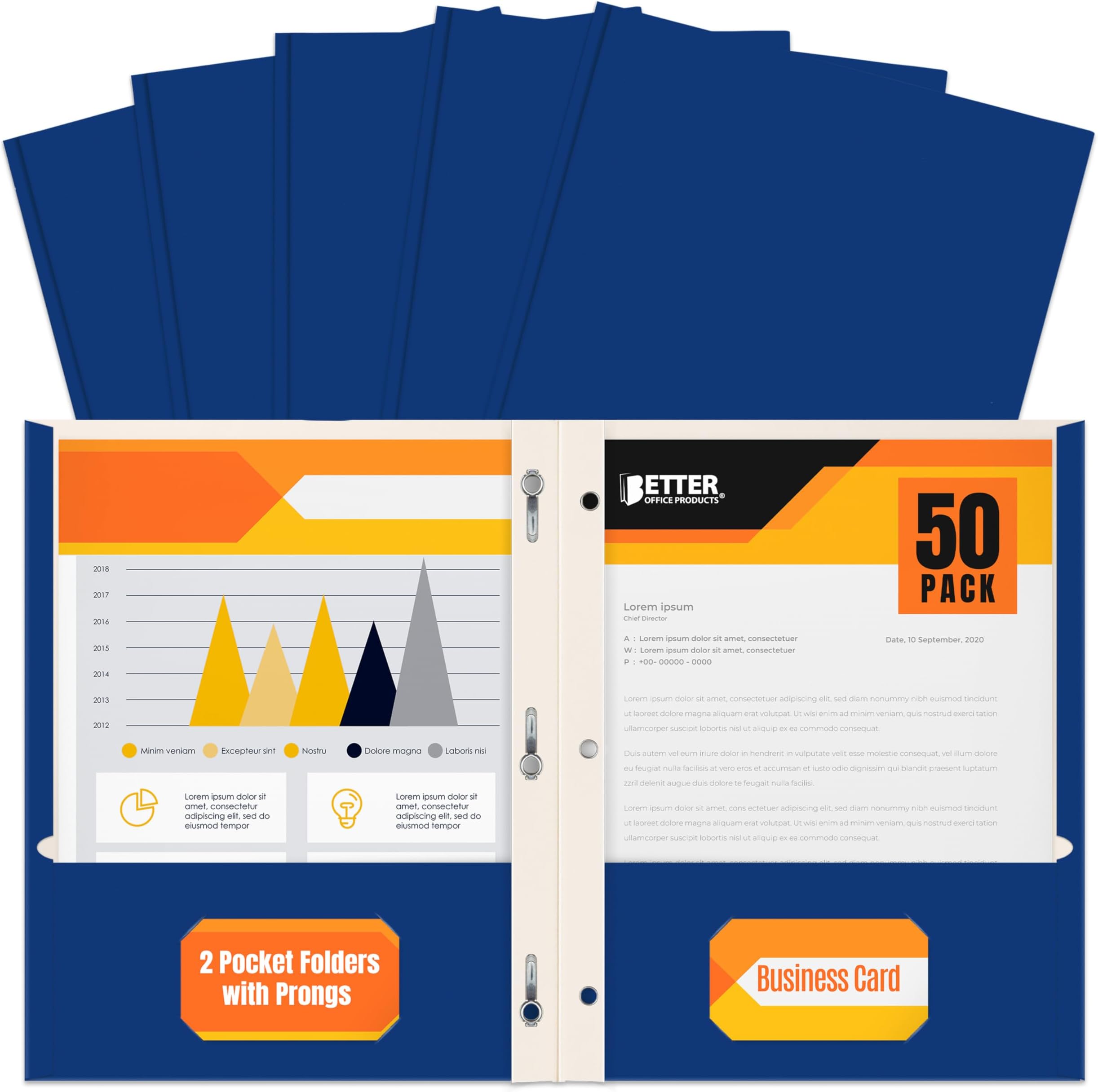 Blue Paper 2 Pocket Folders with Prongs, 50 Pack, Matte Texture, Letter Size Paper Folders, 50 Pack, with 3 Metal Prong Fastener Clips, Blue