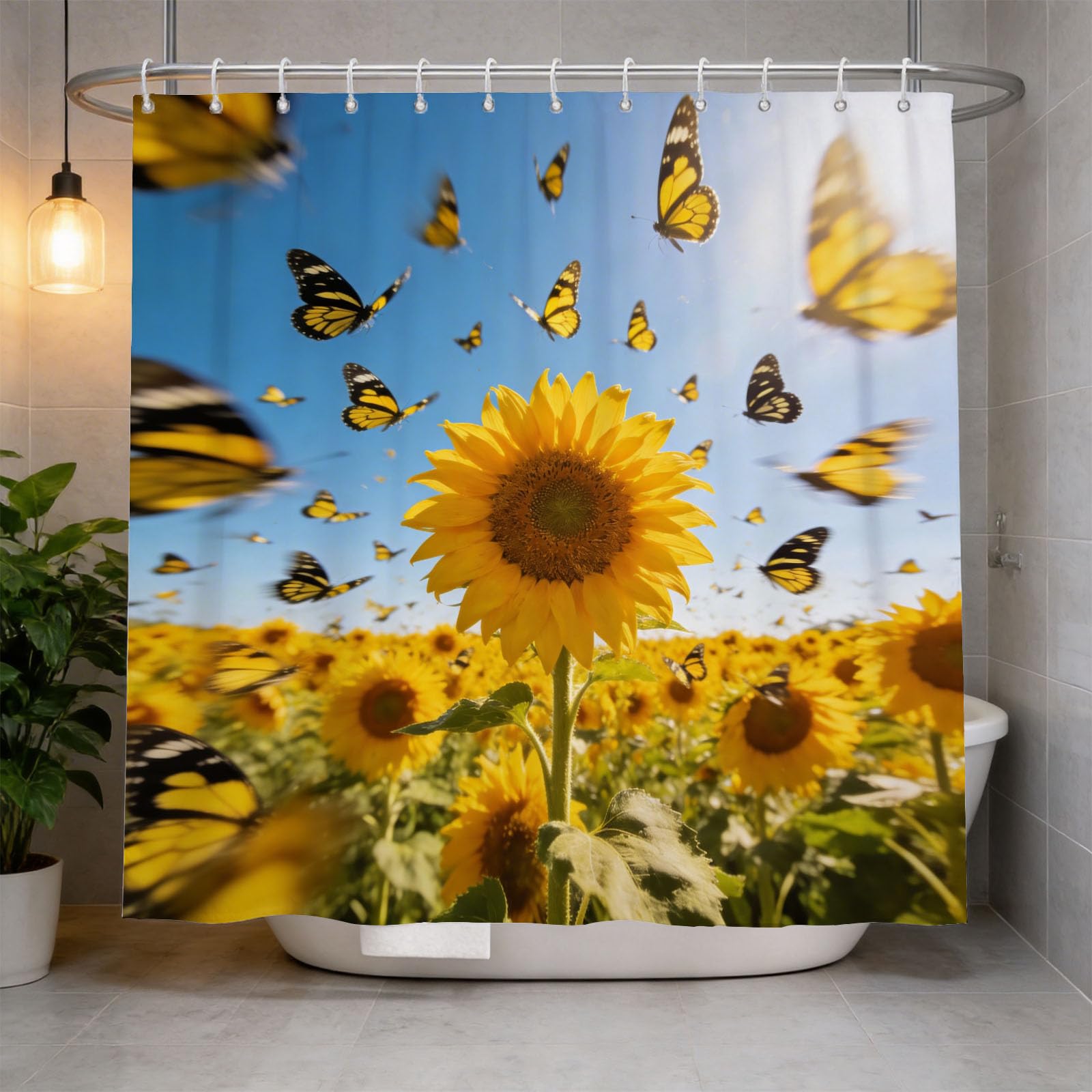 Hongduo 3D Sunflower Field Shower Curtain for Stalls Bathtubs Floral Bathroom Decor Shower Curtain Set Polyester Fabric Waterproof 180x180cm/71X71 Inch with Hooks