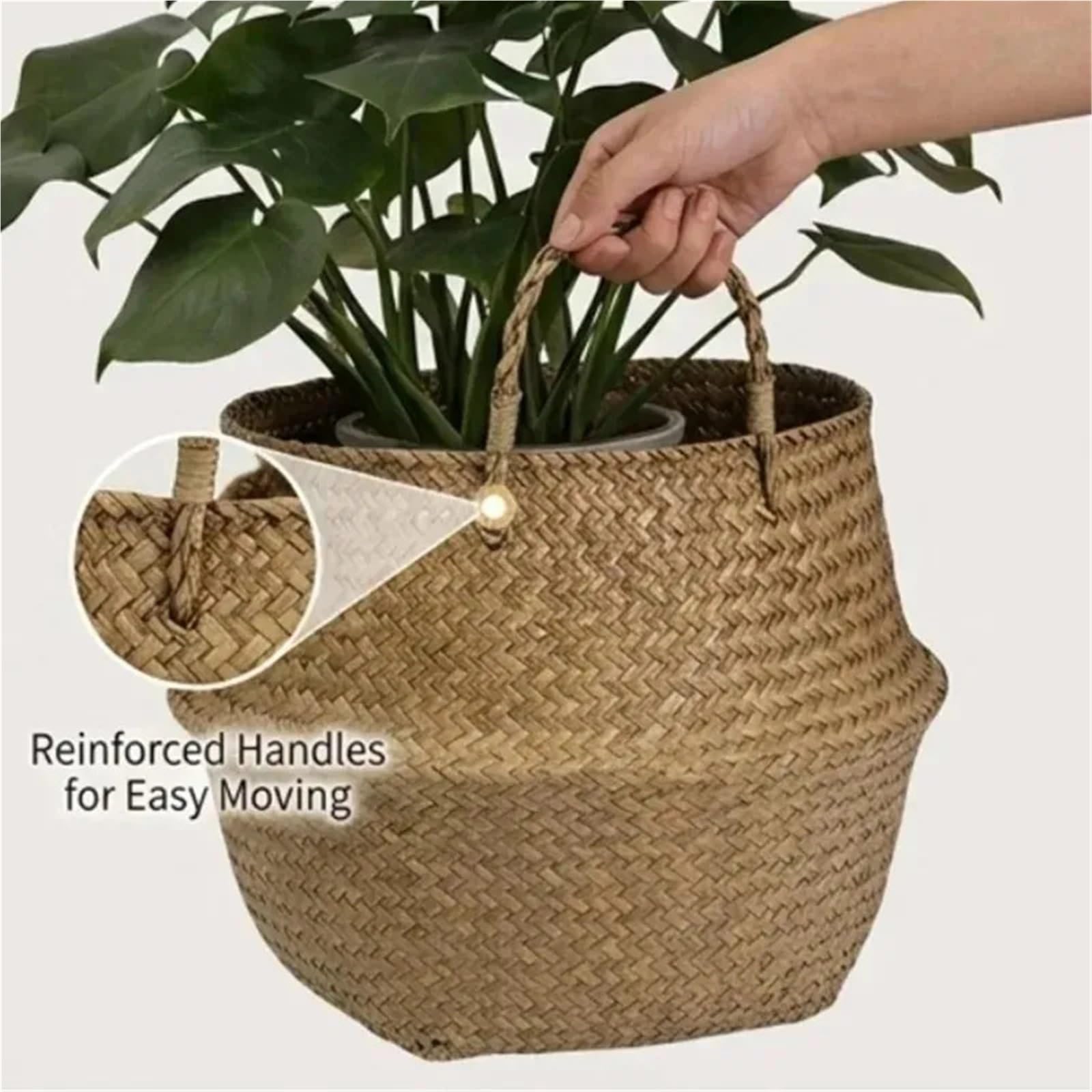 Cesta de almacenamiento tejida a mano pasto marino natural | Con asas dobles, cubierta for maceta, forma de calabaza, tejido cónico for lavandería, sala de estar