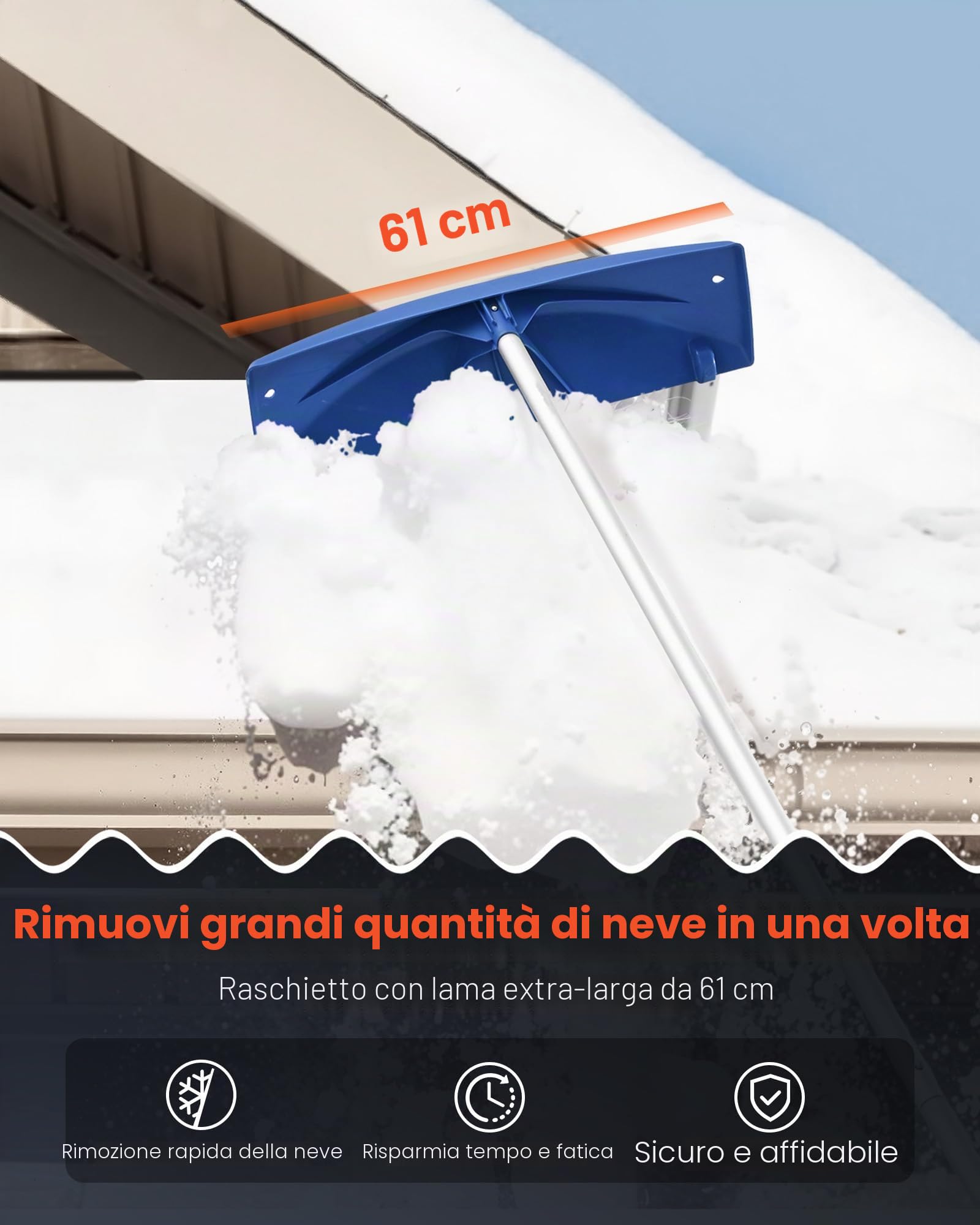 VEVOR Rastrello da Neve per Tetto, Lama in Plastica PP da 600 mm, Raschietto per Tetti da Neve Regolabile 1180-5550 mm con Ruote, Impugnatura Antiscivolo, Pala per Rimozione Neve Foglie e Detriti