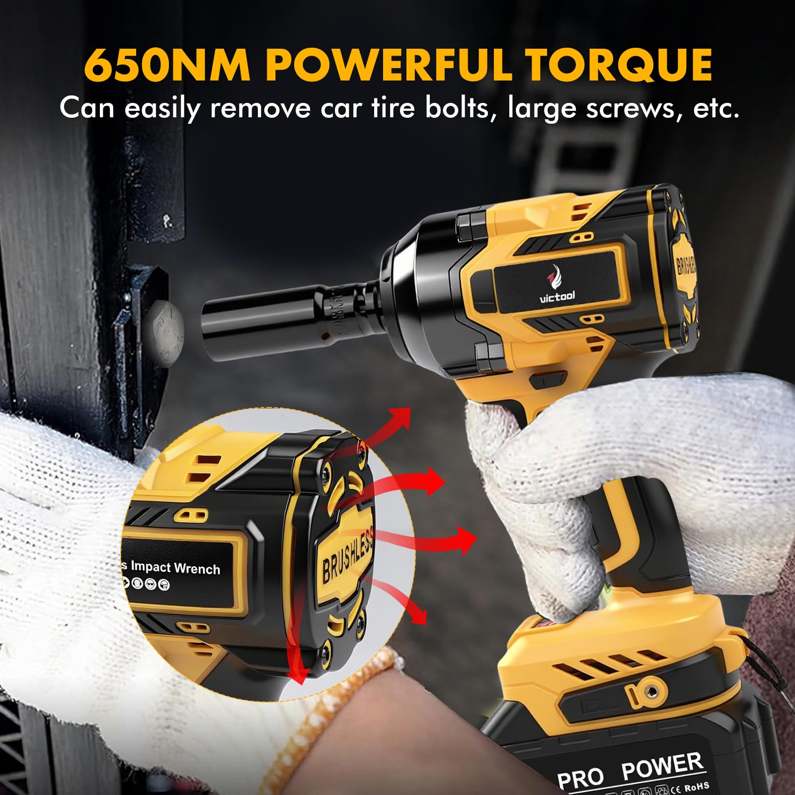 VOBOR Avvitatore a Impulsi Batteria Brushless 21V, 650 Nm con 2 Batterie da 4.0Ah, 6 Bussole 1/2" e Caricatore Rapido, 2800 RPM per Auto Casa