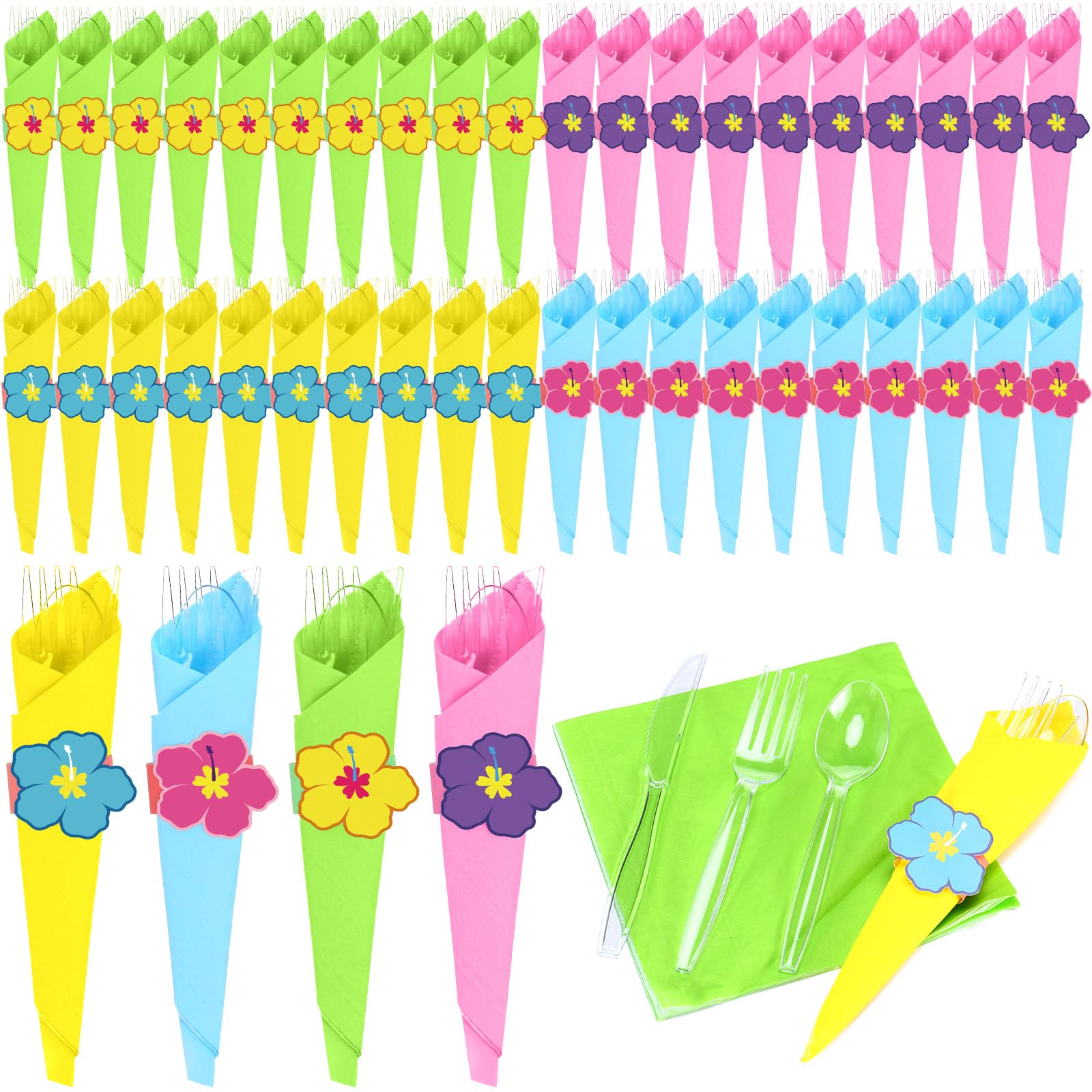 LOYIM 200 pcs Pre Rolled Hawaiian Luau Napkin Cutlery Set Disposable Plastic Cutlery Set with Knives Forks Spoons Napkins Napkin Rings for Summer