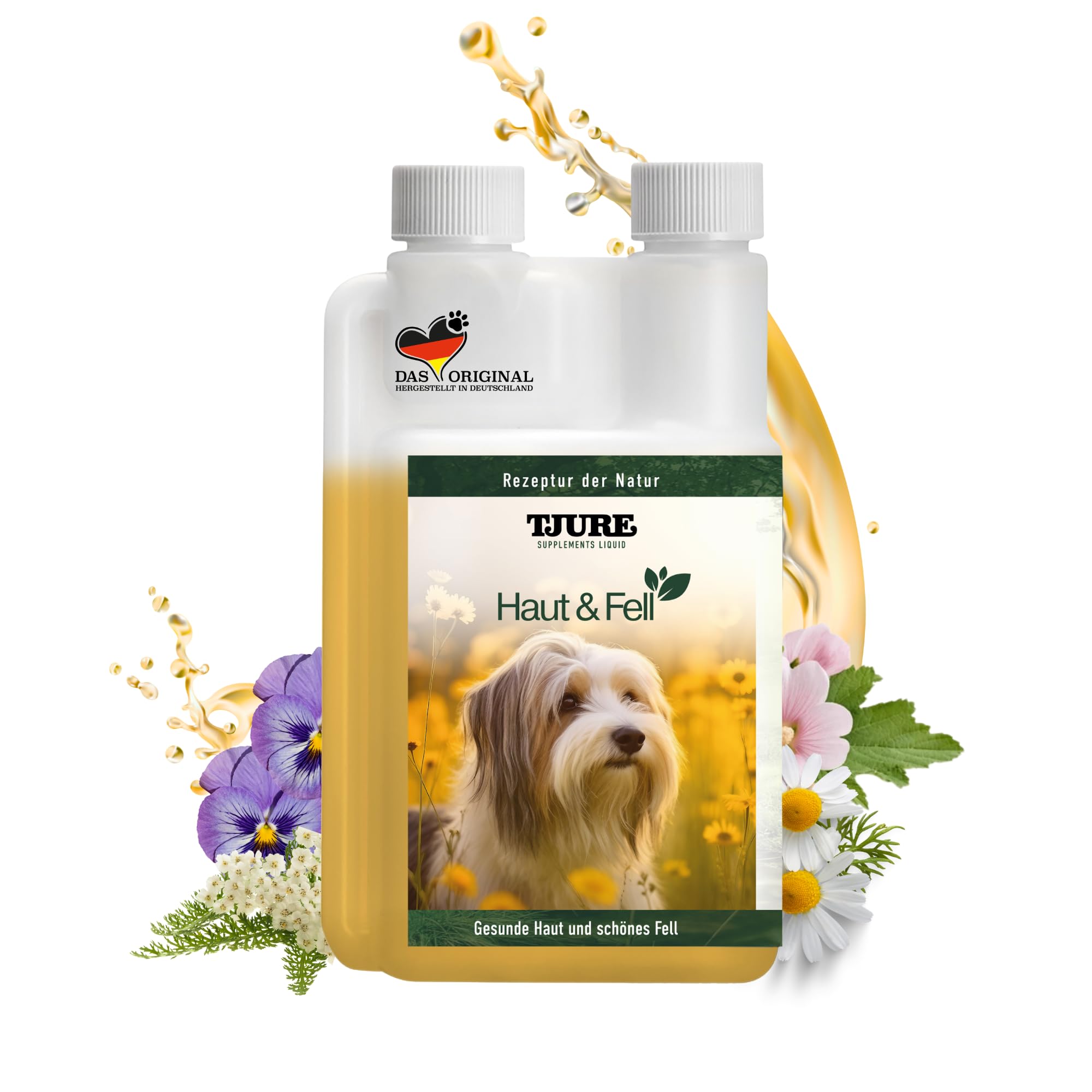 TJURE Haut & Fell Liquid Hund 500 ml | Ergänzungsfuttermittel für Hunde mit pflanzlichen Kräuterextrakten | Unterstützt die Normale Hautfunktion & Fellbeschaffenheit | Ohne Zusätze | Made in Germany