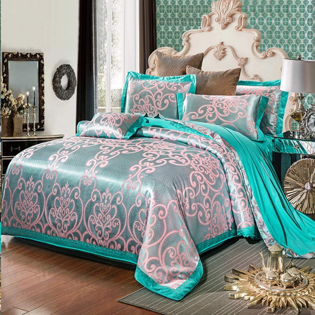 Home Collection Silk Bed Sheets Set, European Coverlets Floral Printed Flat Bedding Set Duvet Cover 4 Pcs Embroidery Bedspread-E 200x220cm(79x87inch) good