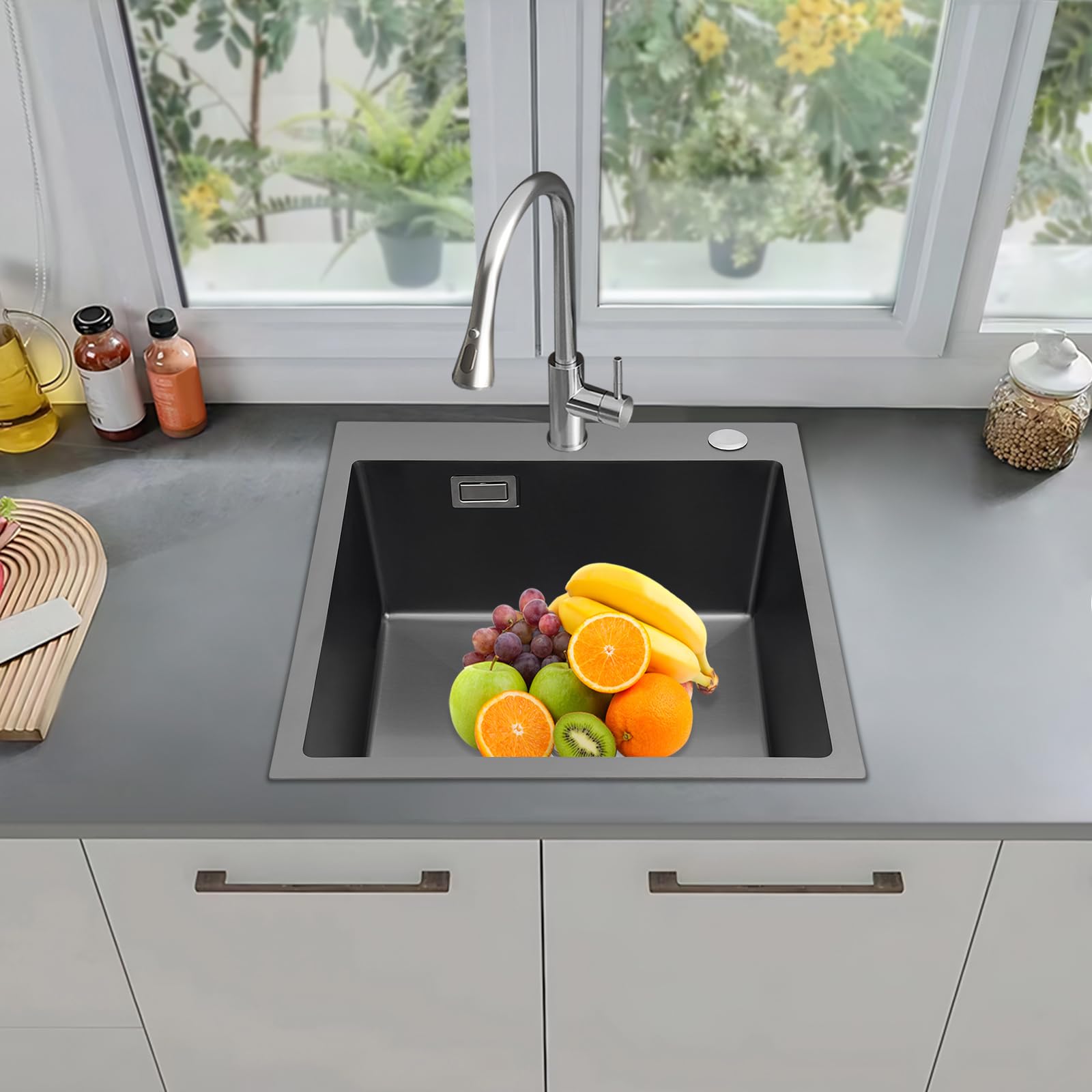 Fregadero de cocina de granito, de 45 x 50 cm, de acero inoxidable con dispensador de jabón y juego de drenaje, lavabo de cocina y fregadero empotrable para armario bajo a partir de 45 (negro