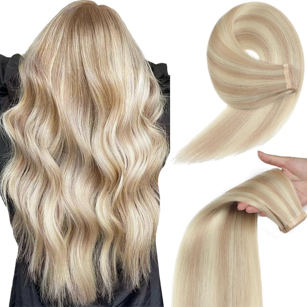 YDDM Tape in Hair Extensions, 14 Inch 20pcs 100% Remy Human Hair for Women Ash Blonde Highlighted Platinum Blonde Invisible Seamless Tape in Hair