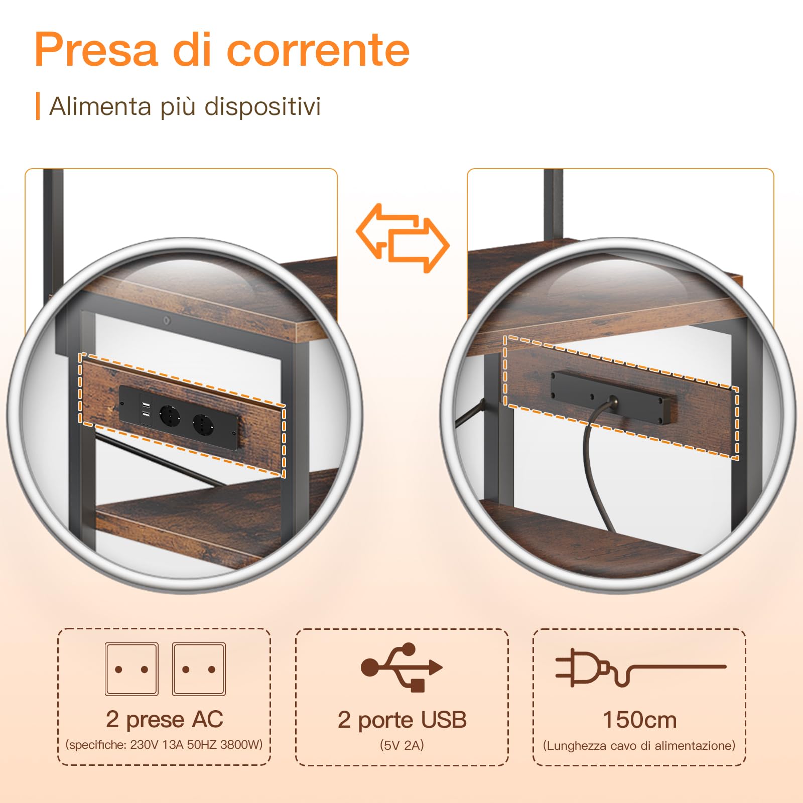 Coleshome Scaffale da Cucina con Prese Elettriche & Luci LED, Supporto per Forno a Microonde, Bar Caffè con 5 Ripiani e 5 Ganci, Struttura in Acciaio Industriale, 35x60x150 cm, Marrone Rustico