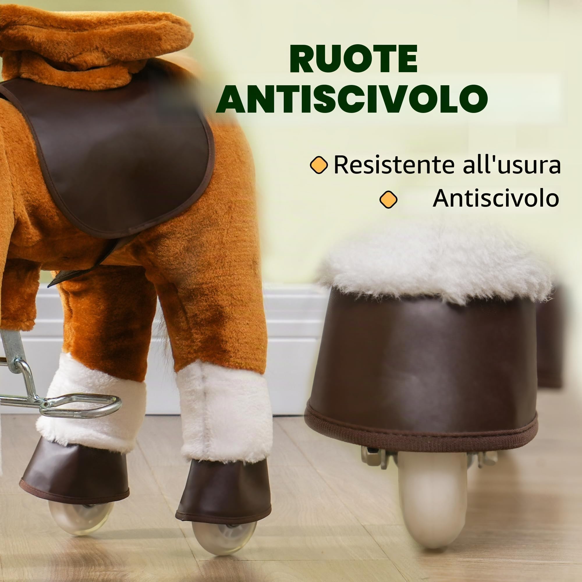 Qaba Cavallo dondolo ruote bambini 3-5 anni fino 60 kg Marrone | Giocattolo cavallo da passeggio, peluche cavalcabile, suono del nitrito