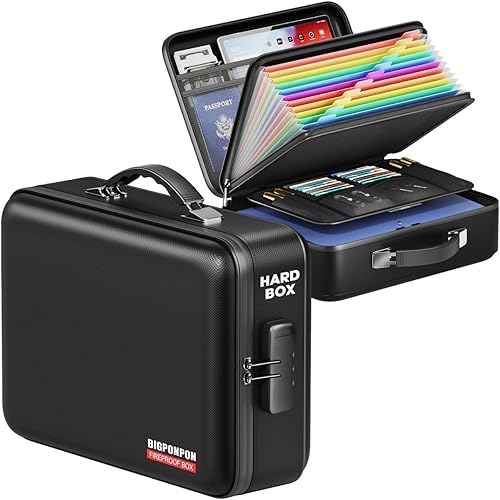 Fireproof Document Box with Water-Resistant Zipper, Hard Case Fireproof Box with Lock, Portable Hard-Shell Fire Safe, Large Capacity File Organizer for Important Documents, Laptop (Black, M)
