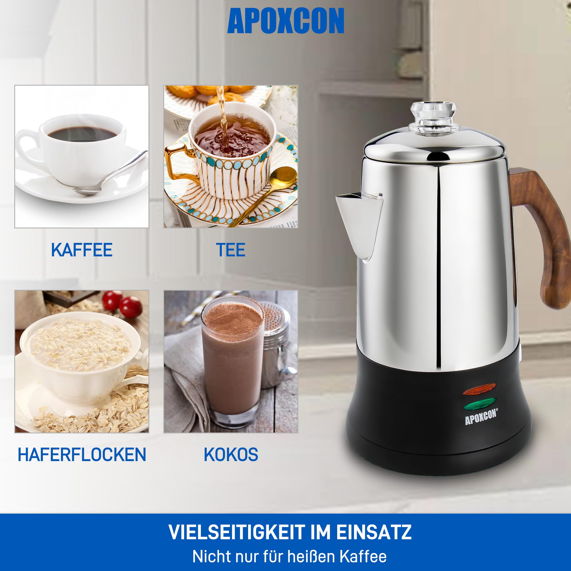 APOXCON Edelstahl 18/8 (SS304) Kaffeemaschine Elektrischer Perkolator, Kordlos mit Schauglas für Haushalt Hotel Geschenkbox (6 Tassen)