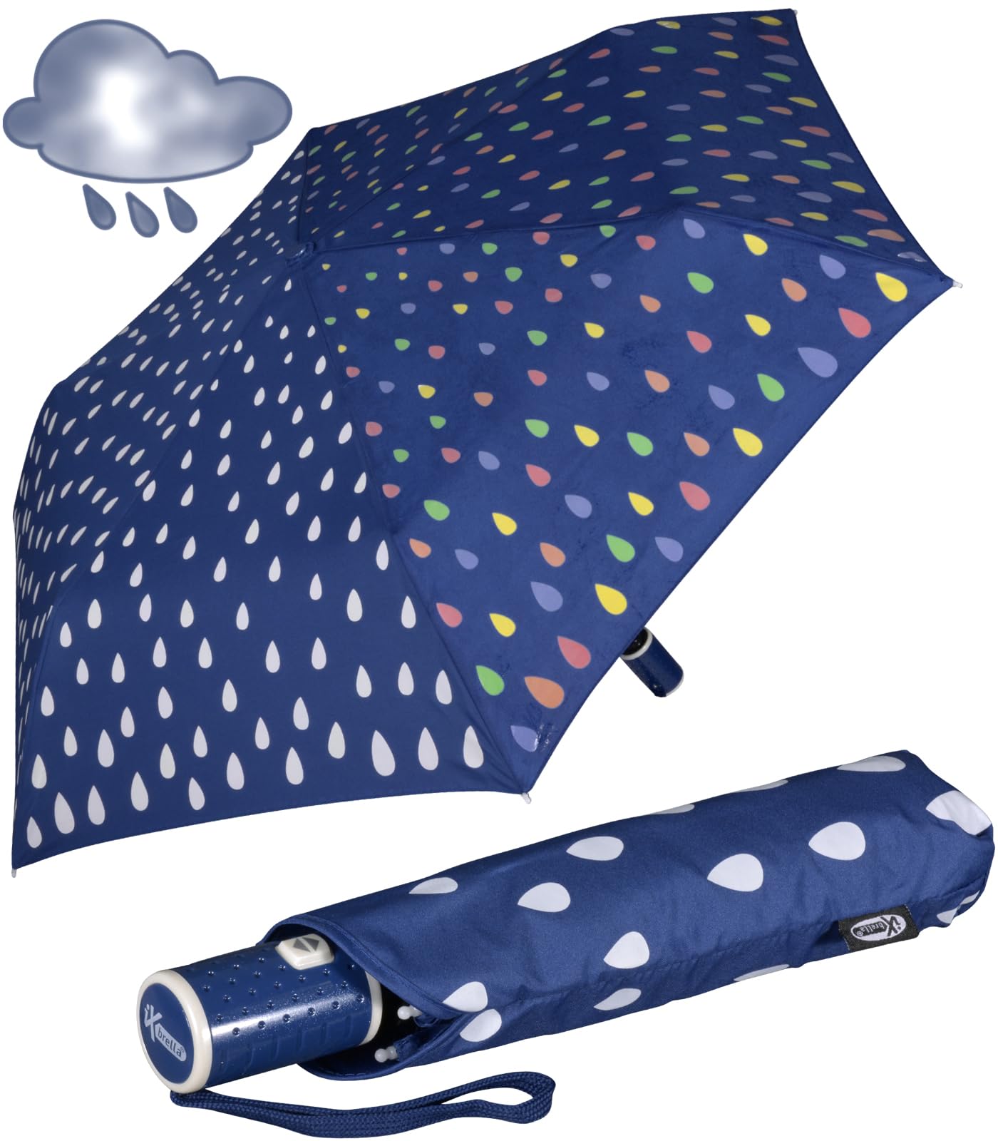 iX-brella Automatik Kinderschirm Safety Reflex extra leicht mit Farbänderung bei Nässe - Raindrops - Blue