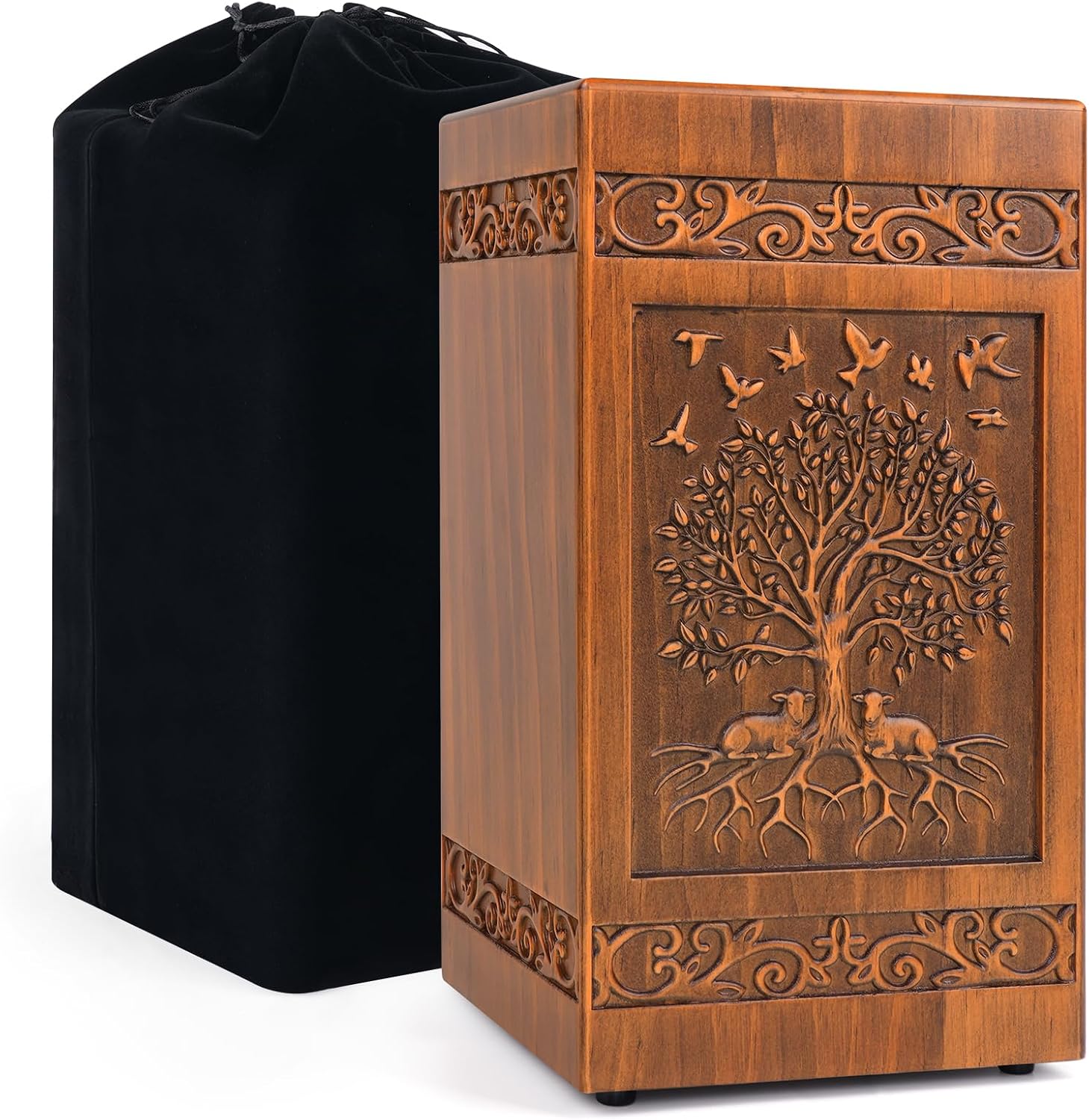 Wooden Cremation Urn, Hand Carved Memorial Urn for Adult Male & Female Human Ashes, Large Elegant Decorative Keepsake with Satin Storage Bag, Holds Remains Up to 250 lbs (Brown, Large, Tree of Life)