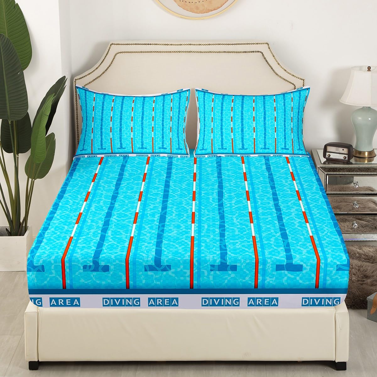 Set di biancheria da letto per bambini, per bambini, per letto singolo, stile moderno, alla moda, per ragazzi e adulti, decorazione per la camera da letto, piscina, chic, blu, 3 pezzi (angoli + piatto