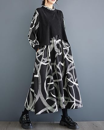 ellazhu Women's Dress Long Sleeve High Neck Random Strings Patchwork Black and White Pockets Loose GZ306 A