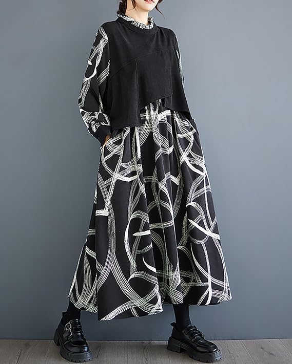 ellazhu Women's Dress Long Sleeve High Neck Random Strings Patchwork Black and White Pockets Loose GZ306 A