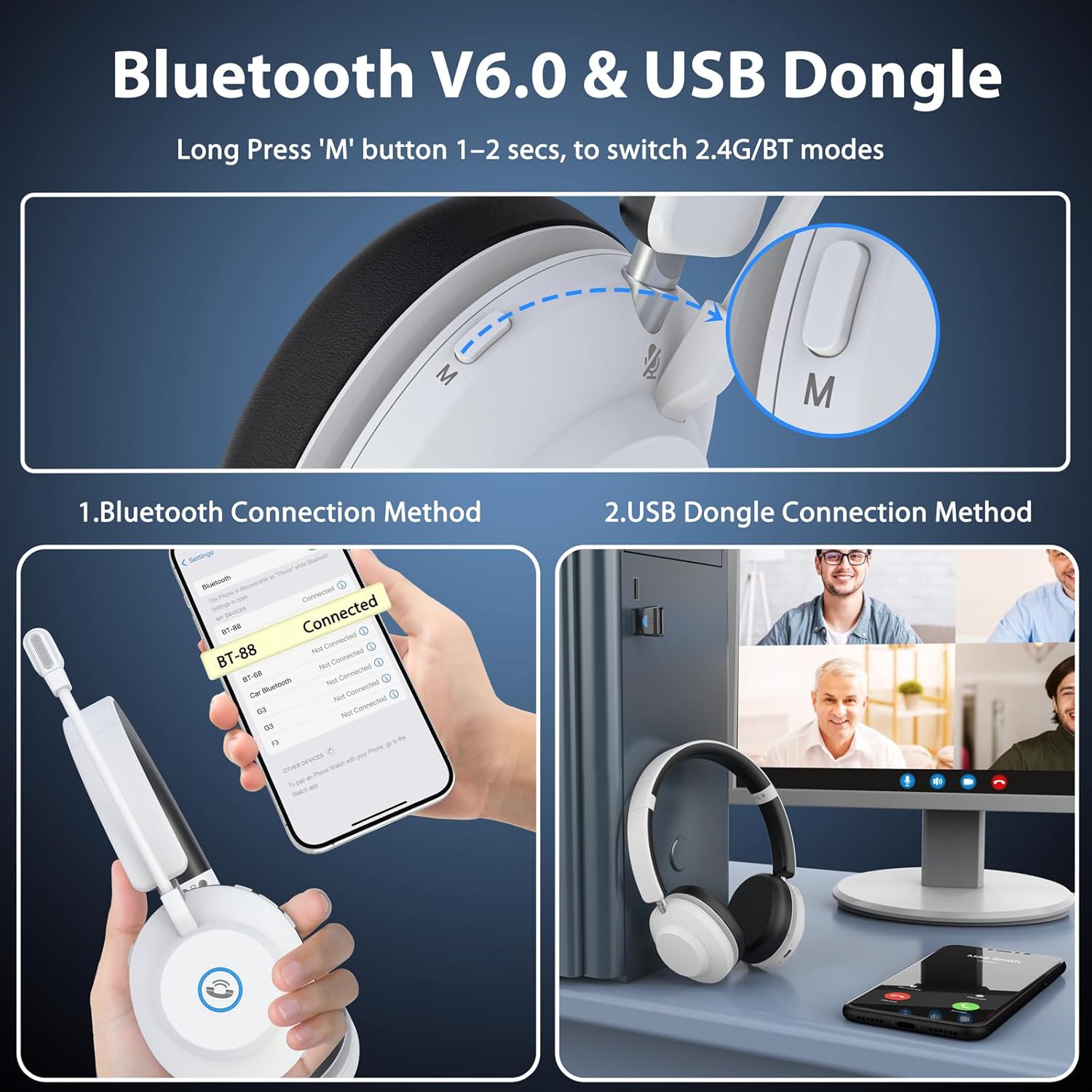 Earbay Bluetooth Headset, Wireless Headphones with Microphone ENC Noise Canceling & USB Dongle, V6.0 Wireless Bluetooth Headset with Mic Flip Mute Charge Dock for Work/Laptop/Phone/Meeting/CallCenter - Image 3