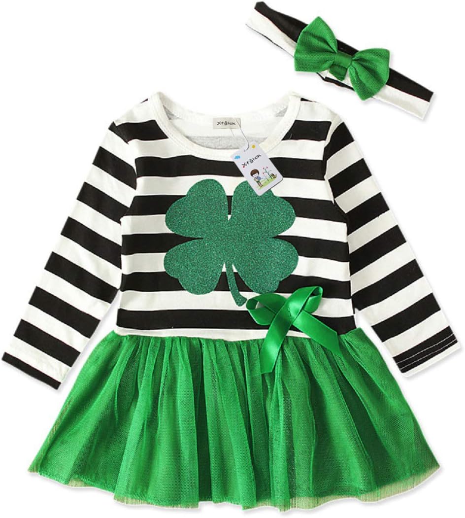 XFGLCK Toddler Baby Girls St.Patrick’s Day Stripe Dress Outfits Shamrock Princess Party Dress Playwear Tutu Skirt + Headband
