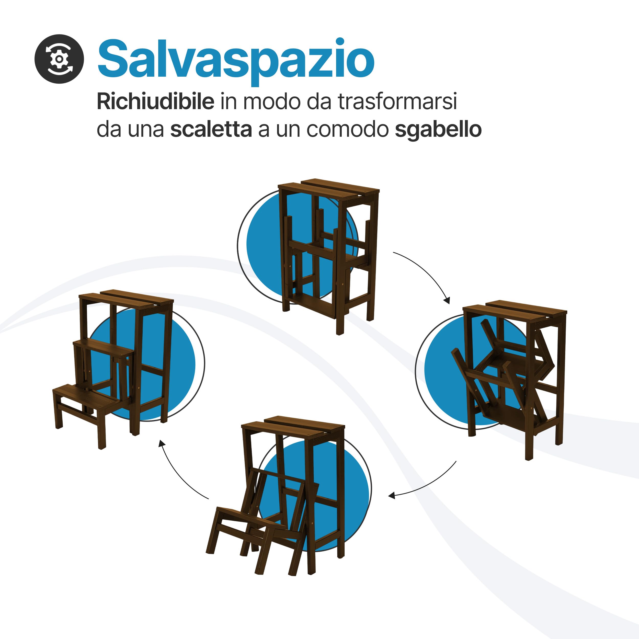 Tomaino - Scaletta 3 Gradini Ribaltabile In Legno GIULIETTA - Scaletta Pieghevole con Sgabello Richiudibile per Casa, Ufficio - Scala 3 Gradini Salvaspazio - Noce