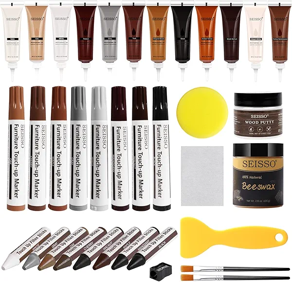 SEISSO Wood Furniture Repair Kit, 12 Colors Wood Fillers, Wood Putty with Beeswax, Furniture Touch Up Markers with Wood Crayons, Hardwood Floor Repair Kit for Stains, Scratch, Cracks, Hole