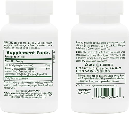 Miniatura 2 de Natures Plus DHEA 10 con Bioperine - 10 mg, 90 cápsulas vegetarianas - Sin gluten - 90 porciones