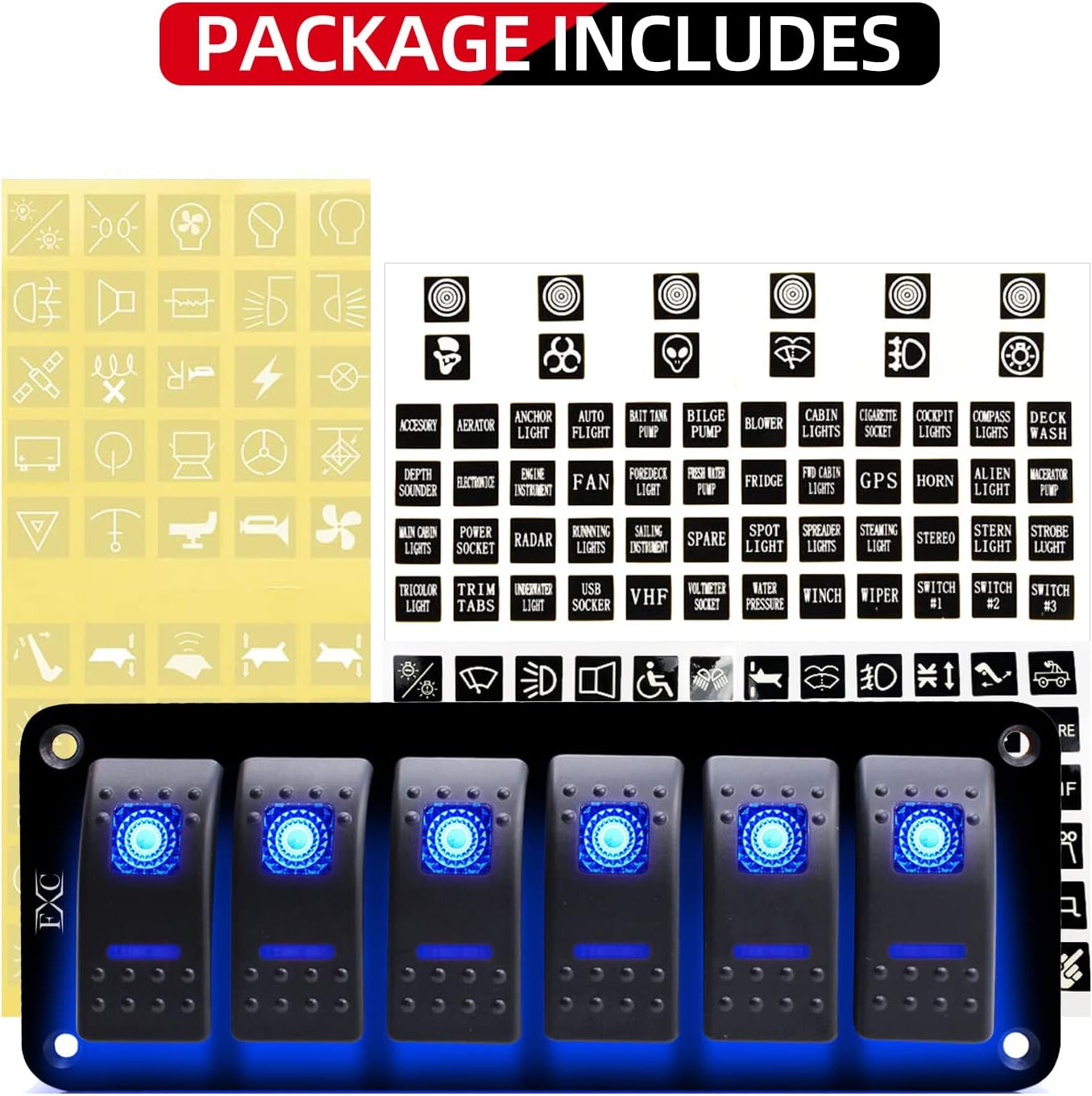 FXC Rocker Switch Aluminum Panel 6 Gang Toggle Switches Dash 5 Pin ON/Off 2 LED Backlit for Boat Car Marine Blue : Sports & Outdoors