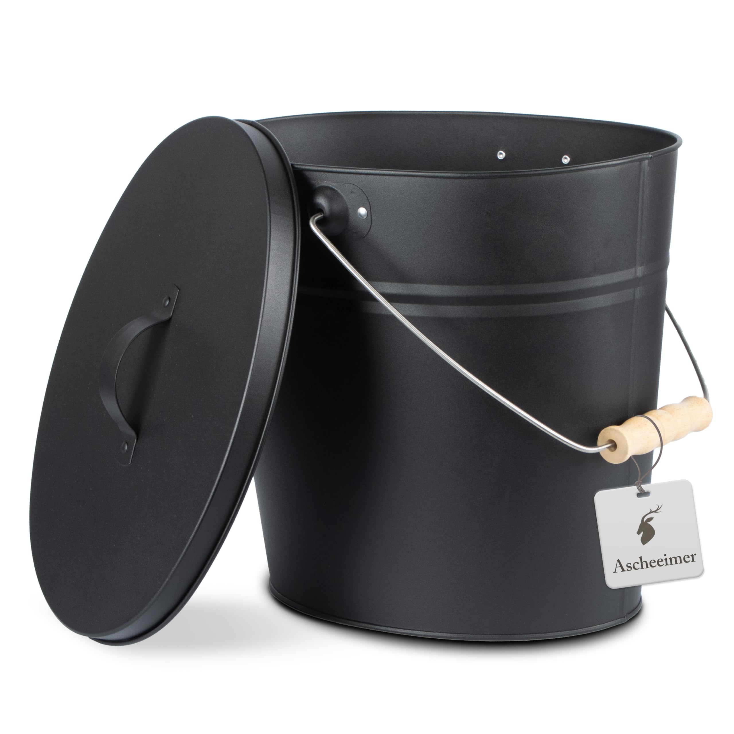 REWU Cubo de cenizas con tapa, 15 L, metal para chimenea y barbacoa | Cubo de metal estable de 15 L con tapa para cenizas completamente enfriadas, chimenea, carbón, briquetas y leña