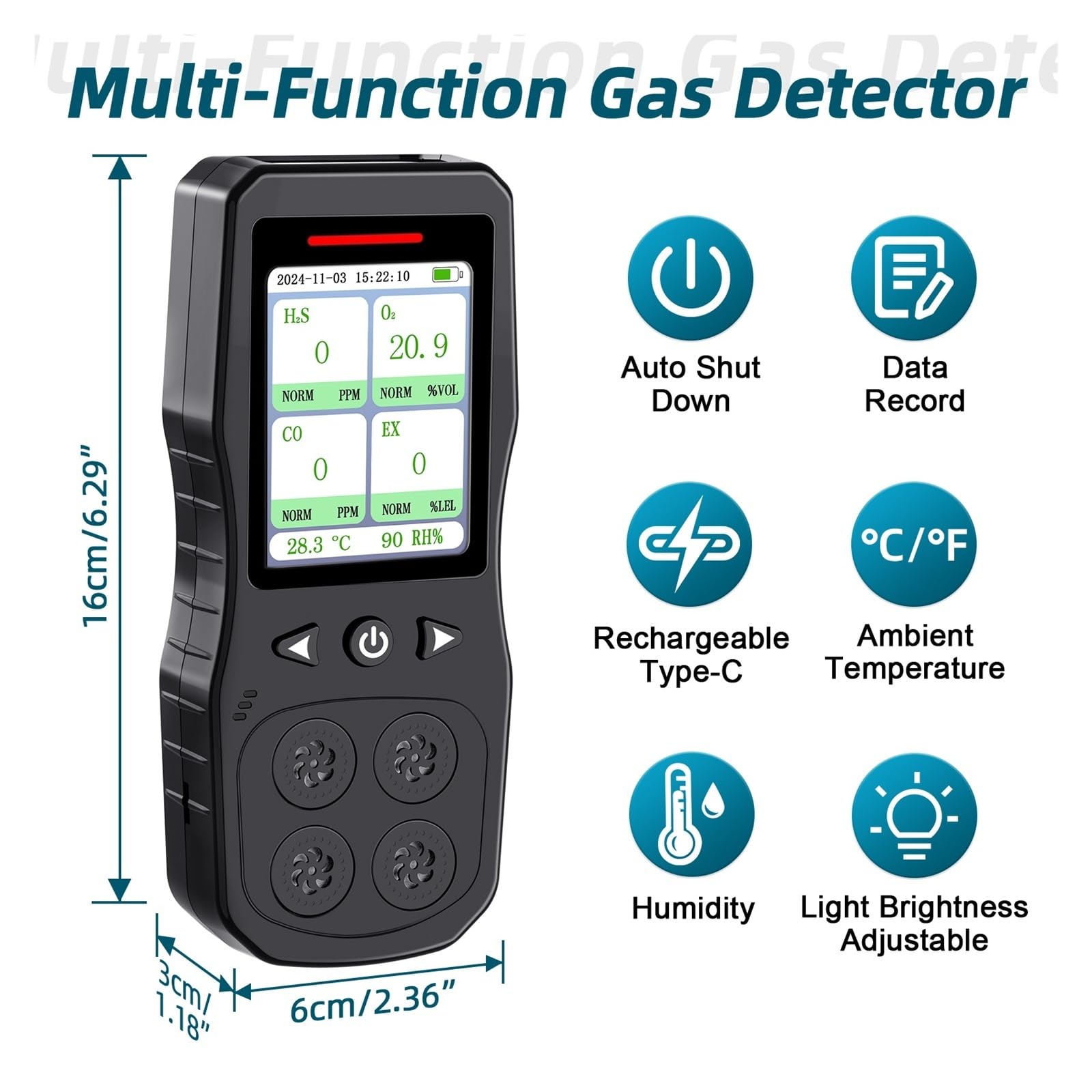 Détecteur Multi-gaz Portable 4 en 1 O2, CO, H2S, analyseur de testeur de gaz Combustible, avec Alarme sonore, Lumineuse et vibrante Temps de réponse Court