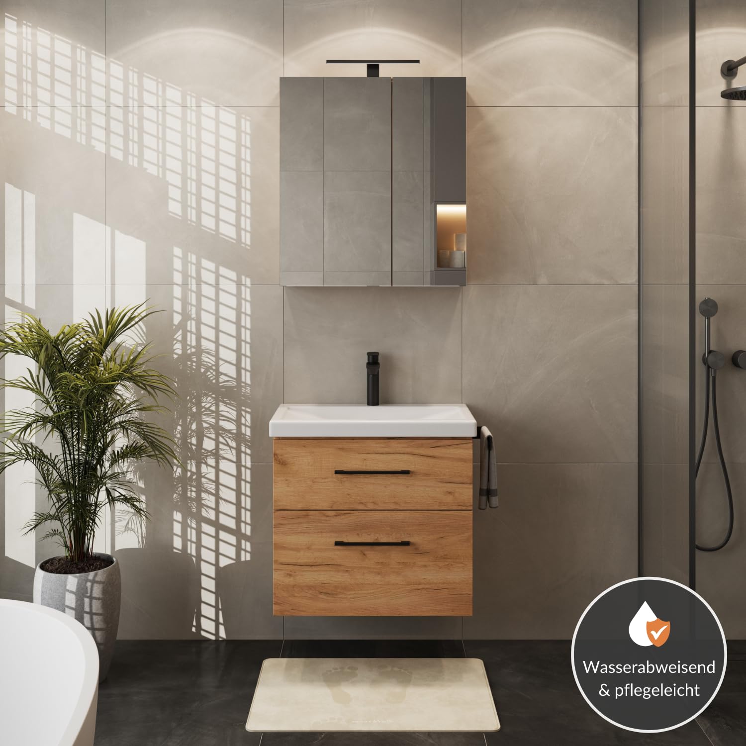 Planetmöbel Badmöbel Set Waschtisch mit Unterschrank 63 x 60 x 36,5 cm, Spiegelschrank 60 cm mit LED-Leuchte (schwarz matt) & Steckdose, Moderne Badezimmer Möbel, Gold Eiche
