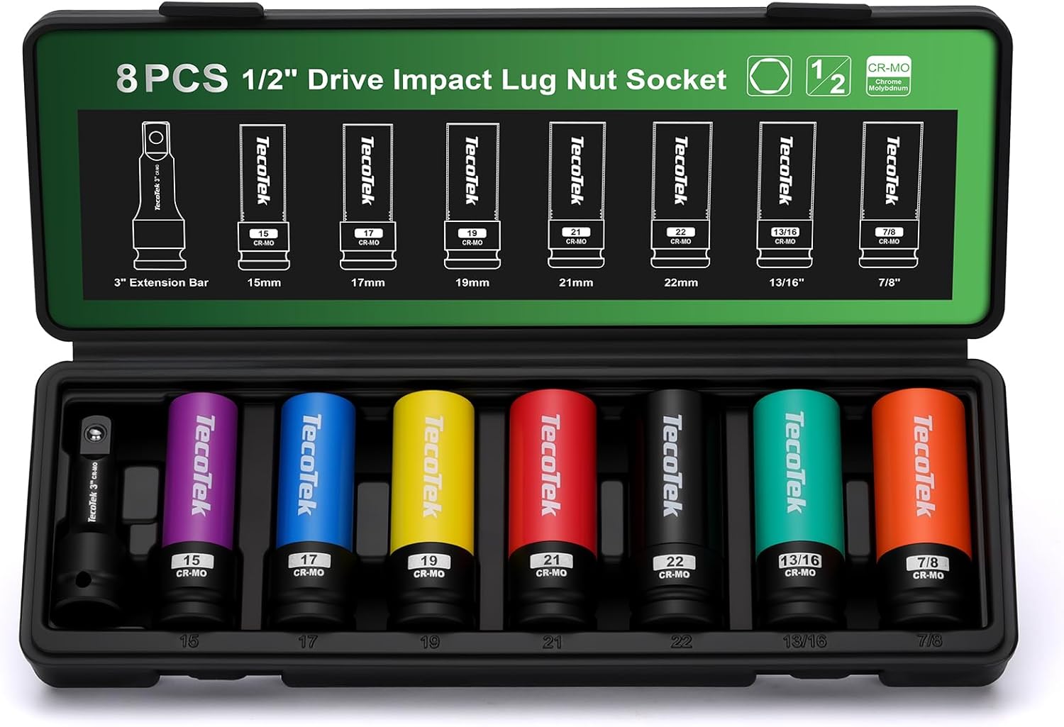 TecoTek 8PCS 1/2" Drive Lug Nut Socket Set, Metric 15 17 19 21 22 MM & SAE 13/16 7/8 in. Wheel Socket Set, Impact Lug Nut Socket Set, Thin Wall Lug Nut Sockets with Colored Protective Covers