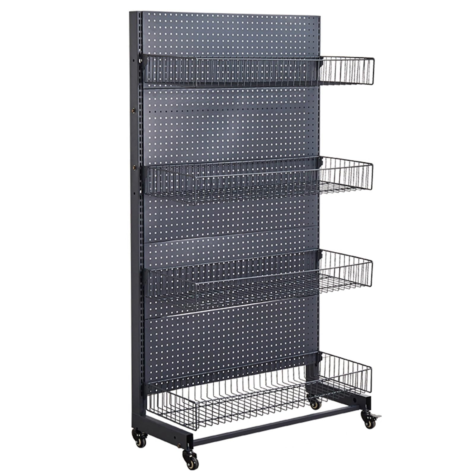 YNBSHGAA Retail Gondola Shelving Display Rack, Standing Pegboard Display with Wheels, Single-Sided Supermarket Shelves with Hanging Basket for Office Supply,0-Black-92x40x170cm