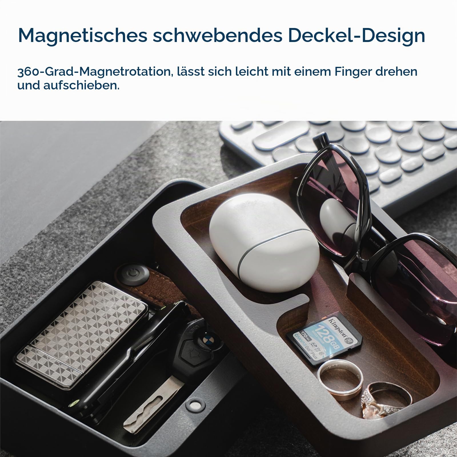 mordeco REVOV Tablett-Box, EDC Valet Tray Box mit authentischem Holz-Magnet-Drehdeckel, Büro-Schreibtisch-Organizer, Bürobedarf-Organizer, minimalistische Dekoration, EDC-Ausrüstungs-Organizer,