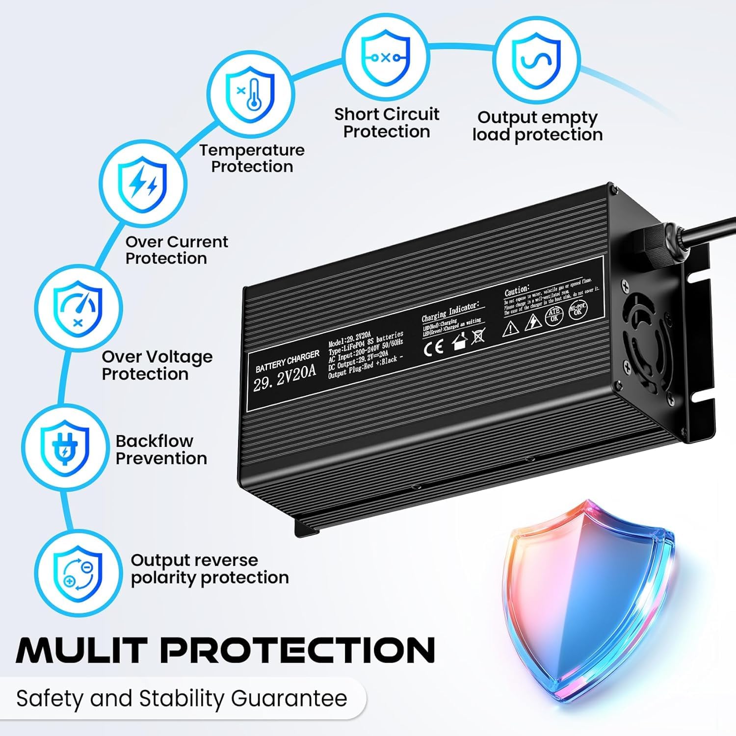 LiFePO4 Cargador de batería de litio de 29,2 V 20 A, cargador de batería AC-DC Smart Charger con indicador LED Anderson Connector, especialmente para baterías de ciclo profundo de 24 V/25,6 V de coche