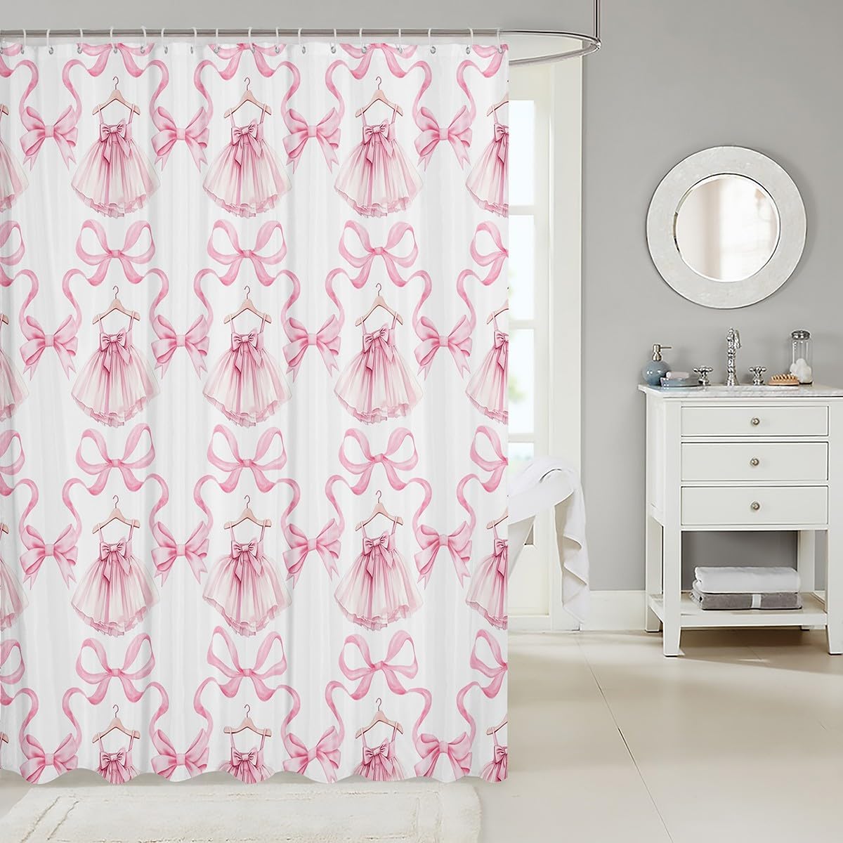 Manfei Princess Dress Shower Curtains,Ballet Dance Theme Dreamy Fairy Tale Bath Curtain,Watercolor Pink Bowknot Ribbon Stripes Cloth Fabric Bathroom Decor Set with Hooks,78" Long