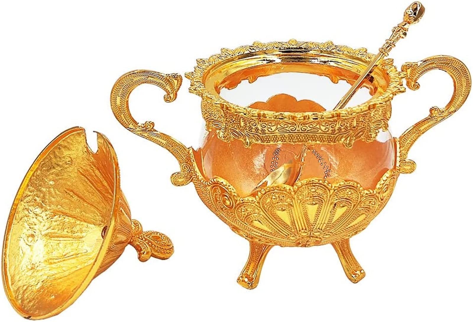 Zuckerdose/Topf, Salzgewürzbehälter, Gewürzglas, Zuckerdose mit Deckel und Löffel for Küche, Kaffeebar und Hochzeitsfeier, Zuckerbehälter aus Metall und Glas for Würfelzucker und Puderzucker, Gold (