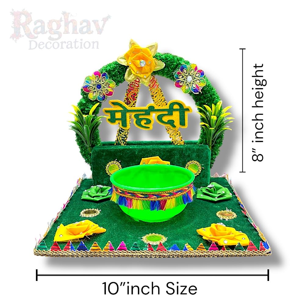 Mehndi Ceremony Decoration Thali with Bowl | Wedding Mehndi Platter for Bride | Haldi Mehndi Function Decor | Handcrafted Mehndi Rasam Tray (Green) 1