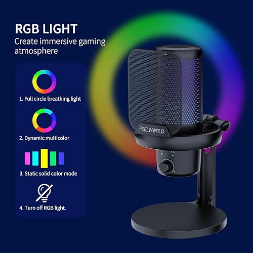 Miniatura 4 de FEELWORLD VM1 - Micrófono de condensador USB para juegos con cancelación de ruido, luz RGB silenciosa, accesorios de computadora, regalos para
