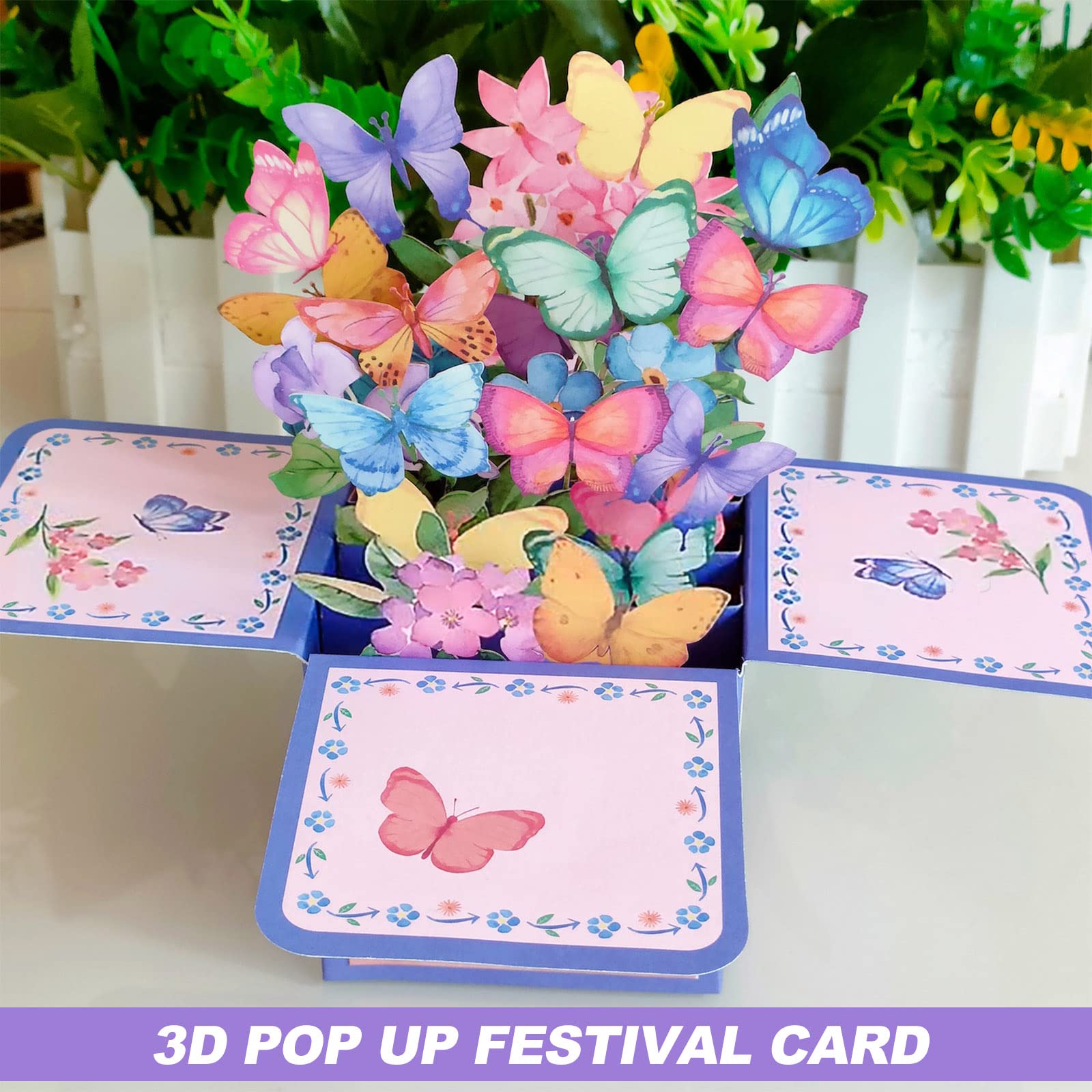 Biglietto di auguri 3D PoP Up, con farfalle e fiori e bouquet di fiori, biglietto di auguri per Capodanno, Natale, compleanno, anniversario