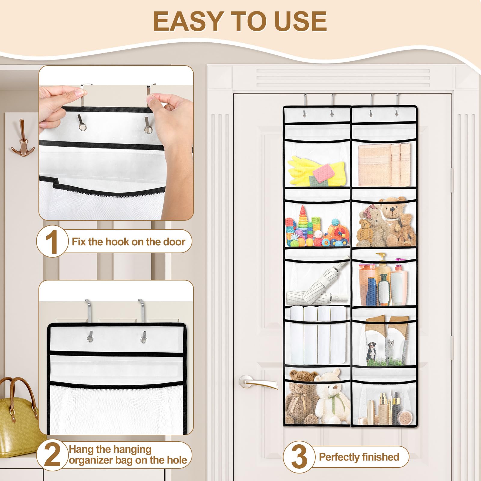 AiQInu Colgando Organizer z 10 kieszeniami z siatki i 4 haczykami, składana półka wisząca, organizer do szafy w akademiku, Baño, Cocina, Oficina (125 x 55 cm)