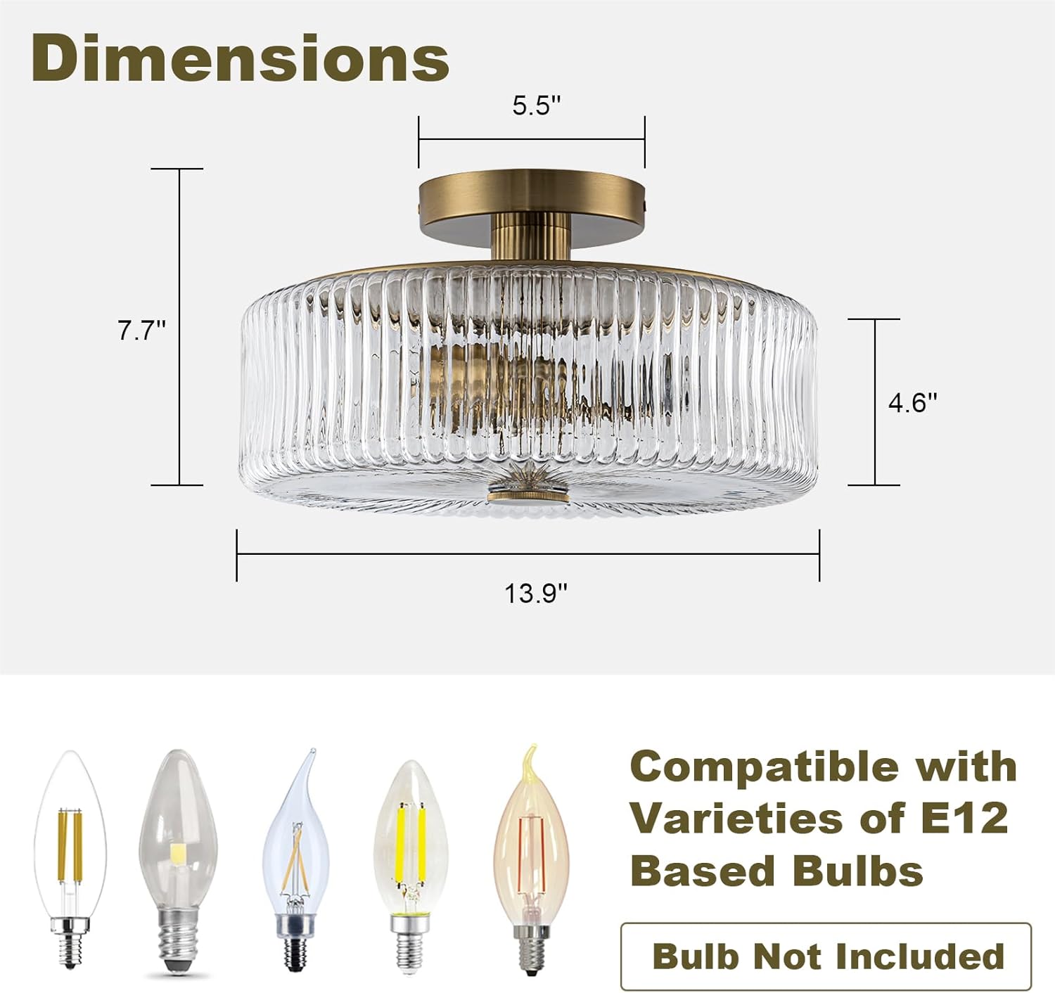 Mid-Century Modern Gold Semi Flush Mount Ceiling Light,3-Light Kitchen Ceiling Light Fixture with Clear Striped Glass Shades,for Bedroom,Hallway,Entryway (13.9 inch)