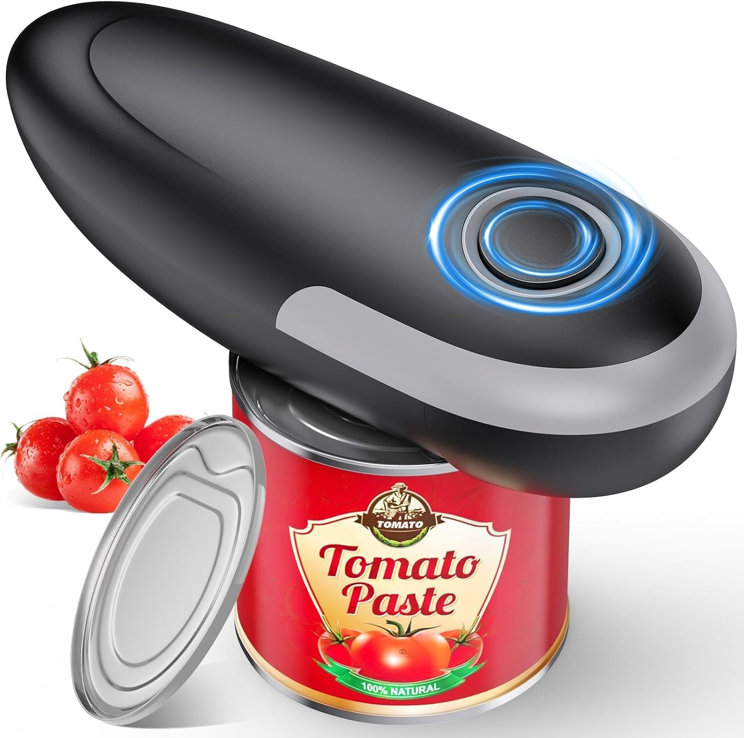Ankuwa Electric Can Opener with a finger pressing the 'One Touch' button, indicating 360-degree auto rotation.