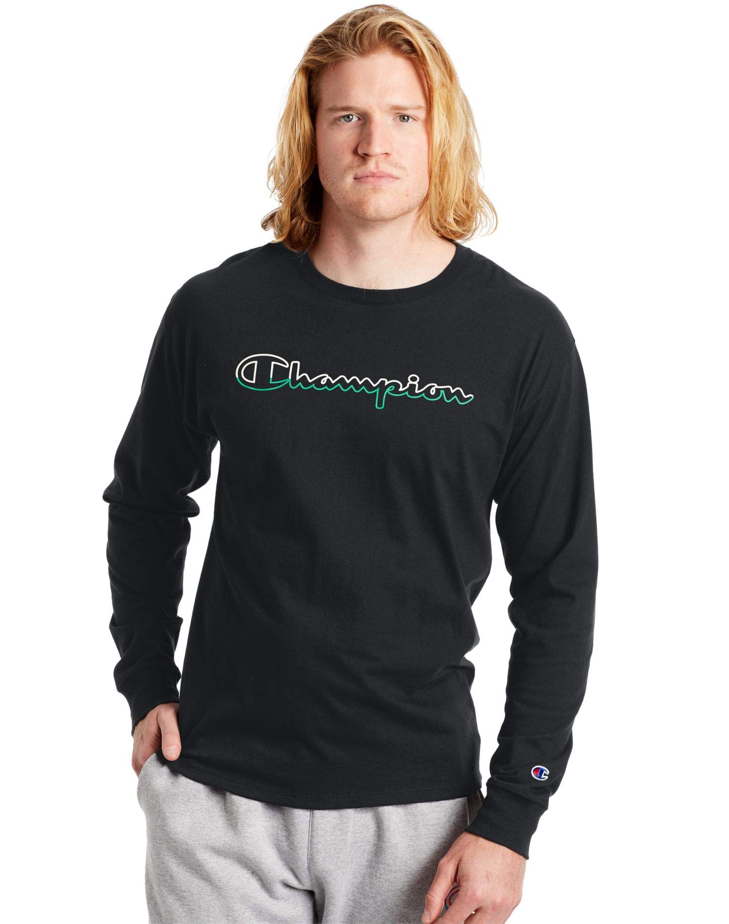 Champion Men's Classic Long Sleeve Tee, Black Split Script, Small