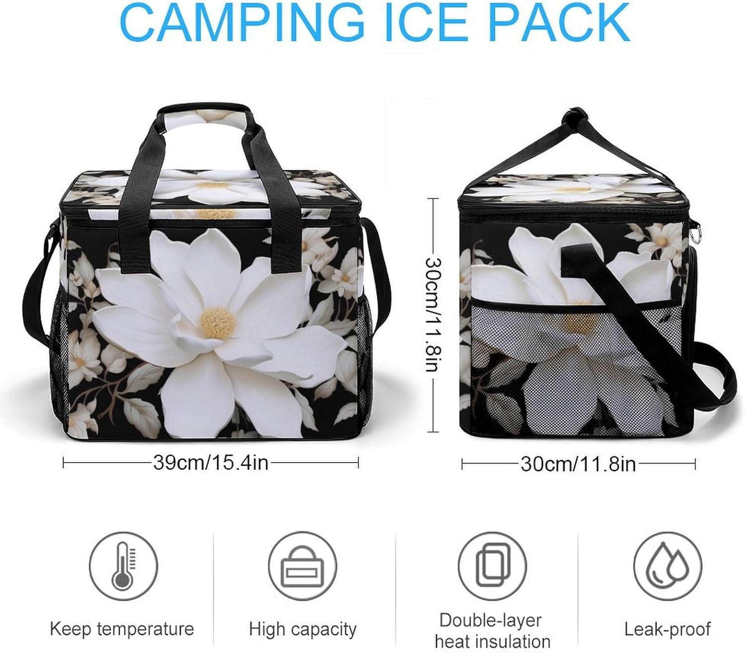 Large Capacity Oxford Cloth White Floral Printed Camping Ice Bag, Outdoor Portable Insulation and Cooling Bag, Suitable for Outdoor Camping and Picnics