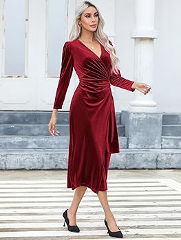 R.Vivimos Womens Velvet V Neck Wrap Dress Fall Winter Long Sleeve