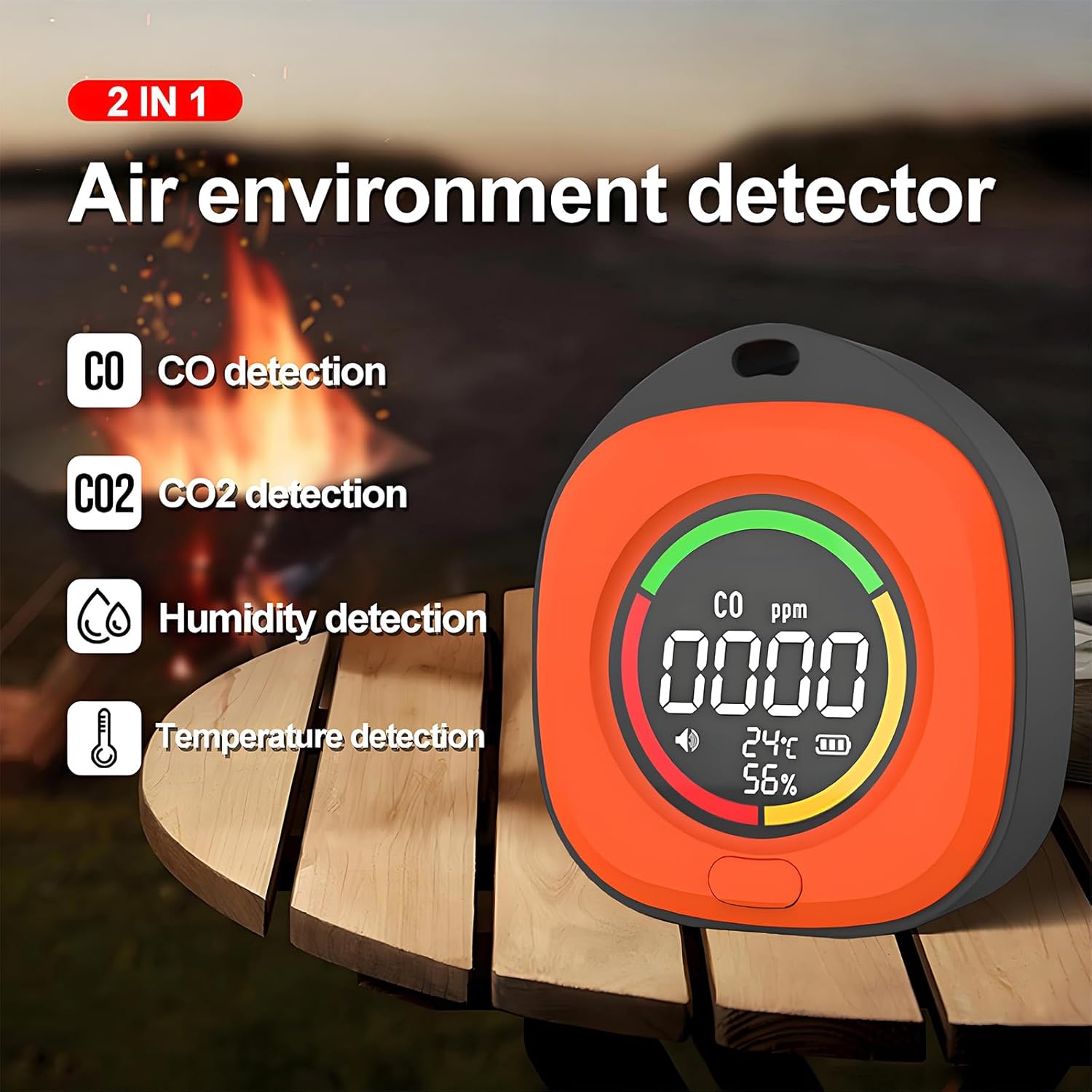 K5E detector showing different CO and CO2 level ranges with color indicators
