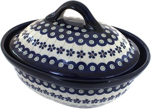 Blue Rose Polaco Cerámica Floración Pavo Real Pequeño Oval Panadero con Tapa