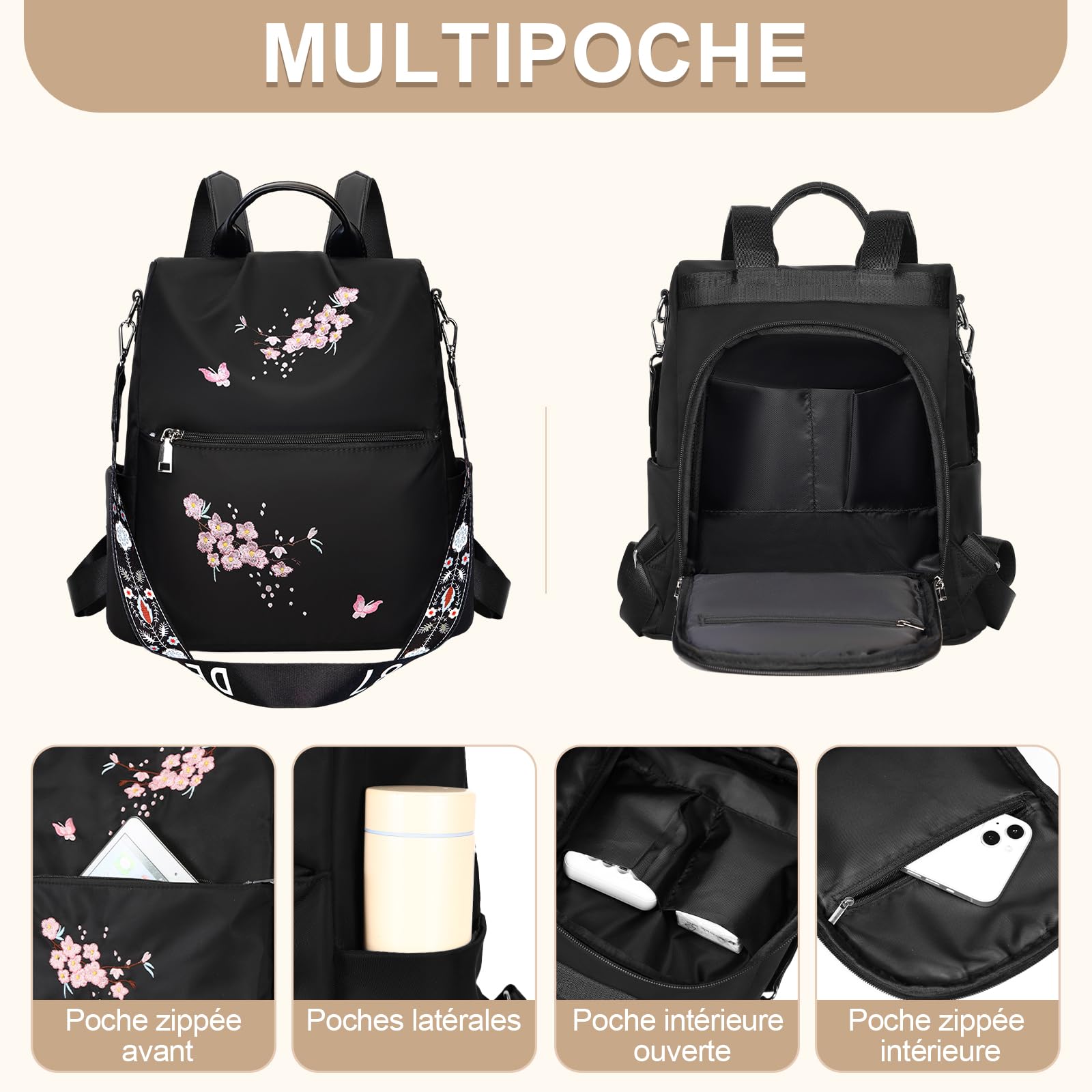 Eshow Sac à Dos Femme Antivol Nylon, Sacs à Main Portés Dos Femme, Petit Sac Bandoulière Fort Backpack Multifonctionnel Casual Léger pour Voyage L'école Travail Université Collège Noir