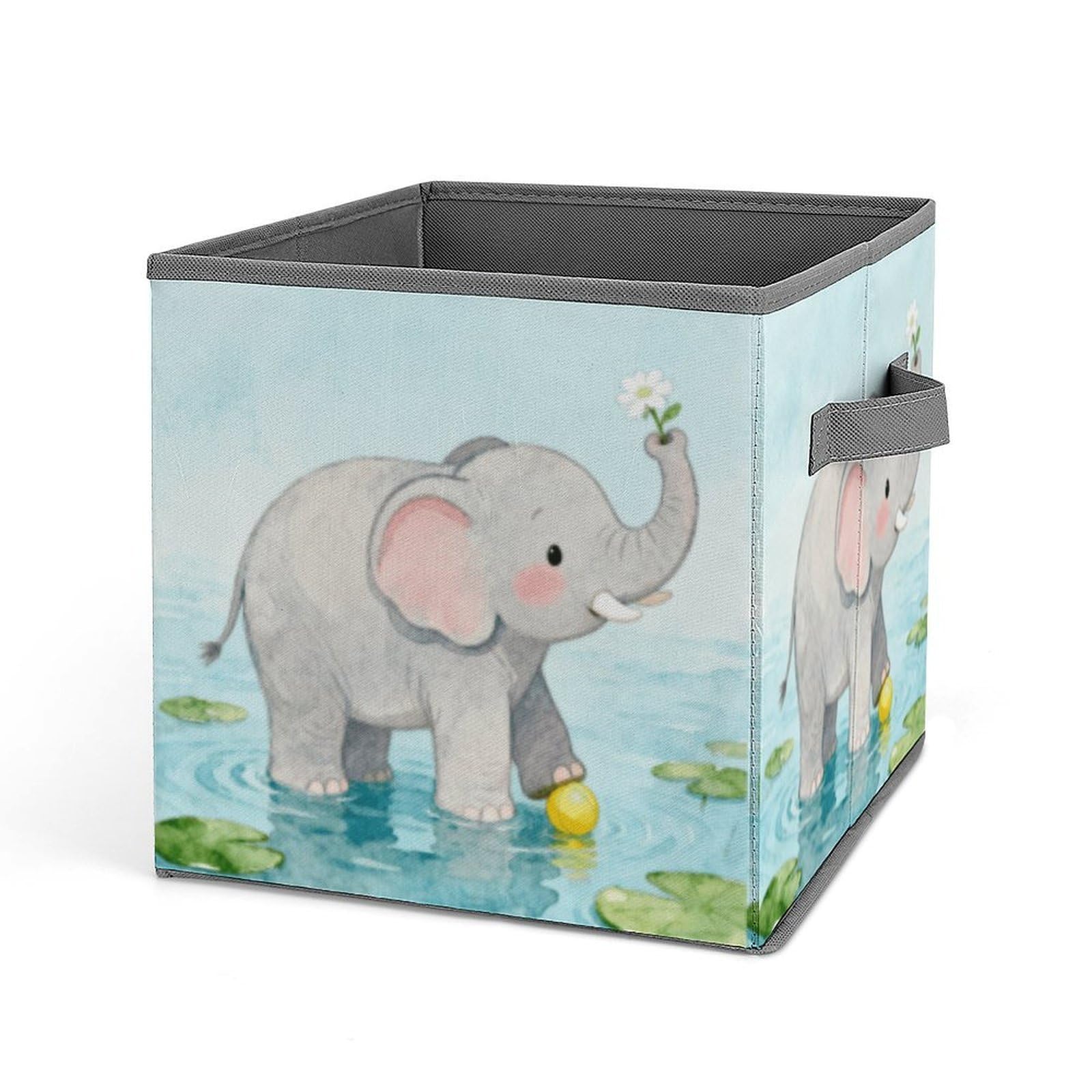 Elephant Storage Baskets Collapsible, Exquisite Pattern Cube Box, Canvas Fabric Storage Bins with Handles, Clothe Organizer Box for Home Decorative Office Bedroom