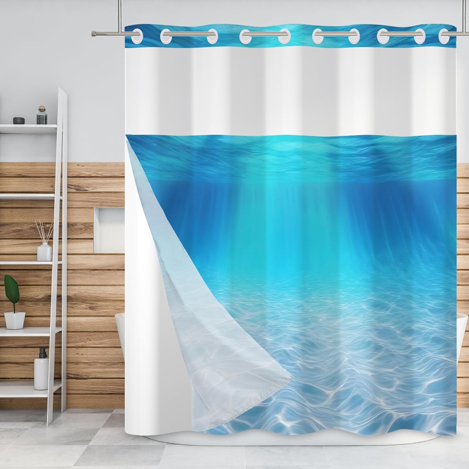 Baocicco Underwater No Hook Shower Curtain Snap Liner Blue Ocean Hookless Shower Curtain for Bathroom Nautical Undersea Modern Hotel Style Curtains with See Through Top Window 71x83 Inch