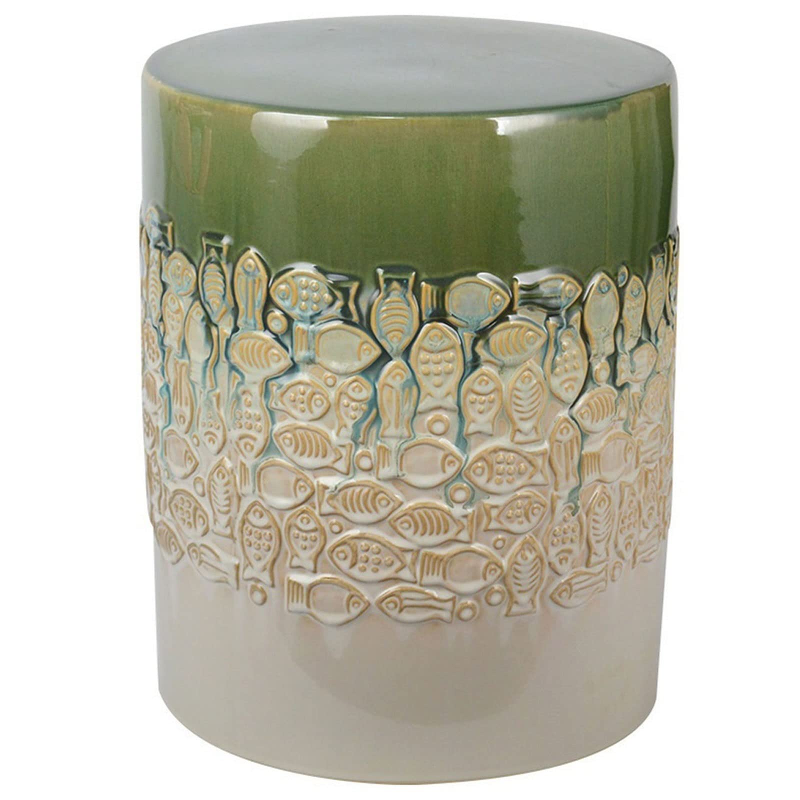 Tabouret en céramique avec poisson en relief pour entrée et jardin